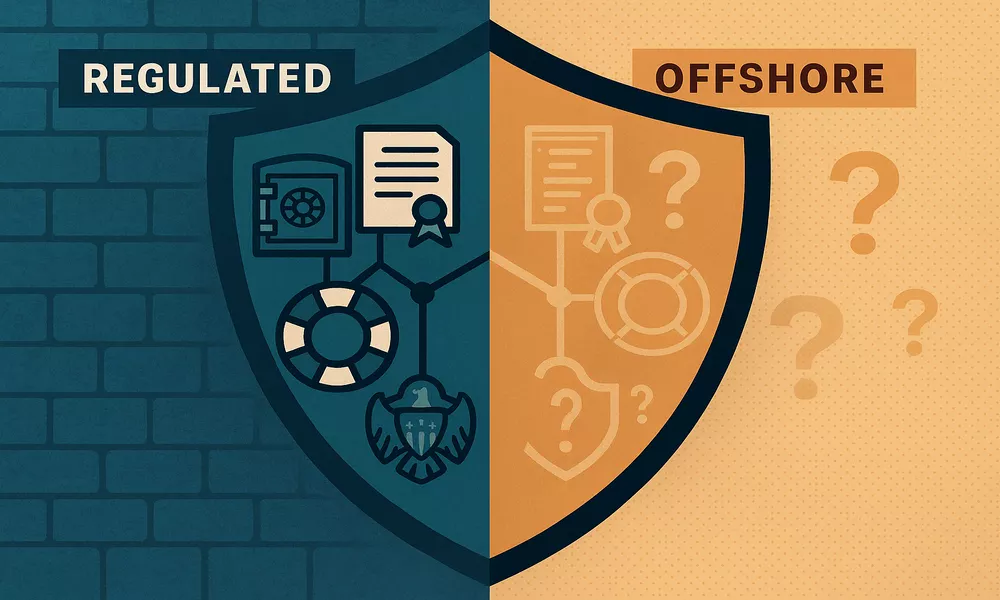 Shield illustration comparing consumer protection features between regulated and offshore bookmakers including fund segregation and dispute resolution