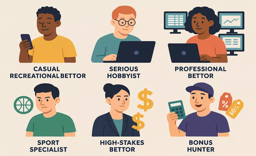 Illustration showing six different bettor personas including casual recreational, serious hobbyist, professional, sport specialist, high-stakes and bonus hunter types