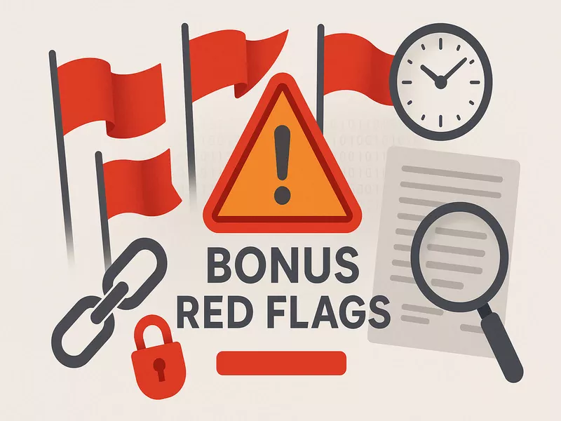 Warning illustration showing red flags and caution symbols for problematic bonus terms