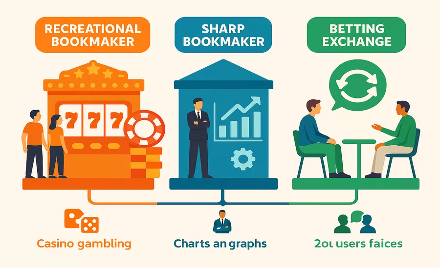 Diagram showing three distinct bookmaker business models: recreational, sharp-focused, and betting exchange platforms with their key characteristics