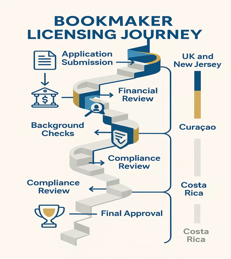 Step-by-step diagram showing bookmaker licensing process from application to approval including financial review, background checks, and compliance audits