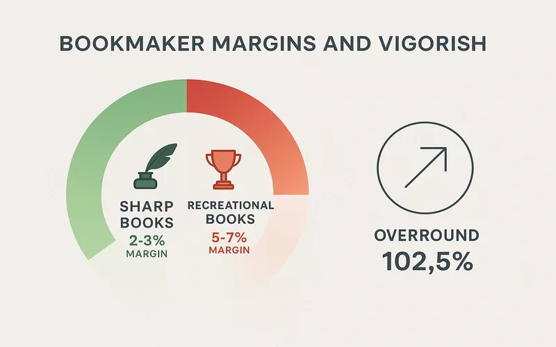 Diagram explaining bookmaker margins and vigorish comparing sharp books with 2-3% margins versus recreational books with 5-7% margins