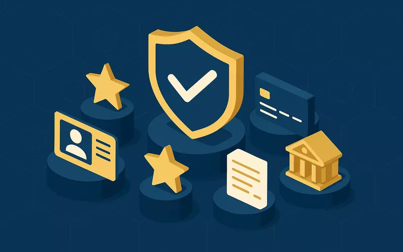 Isometric illustration showing five essential bookmaker requirements including licensing, reputation, payment processing, financial stability and fair terms