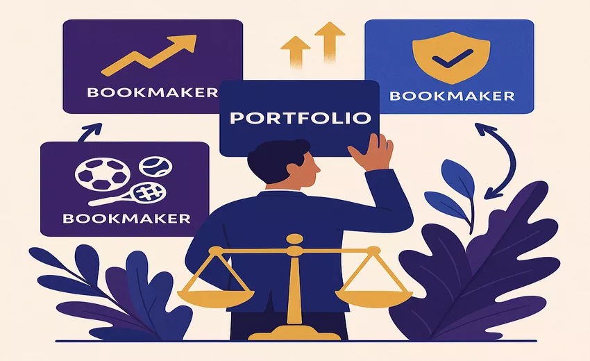 Strategic bookmaker portfolio illustration showing diversification across multiple bookmaker accounts with different purposes including sharp odds, safety and specialized markets