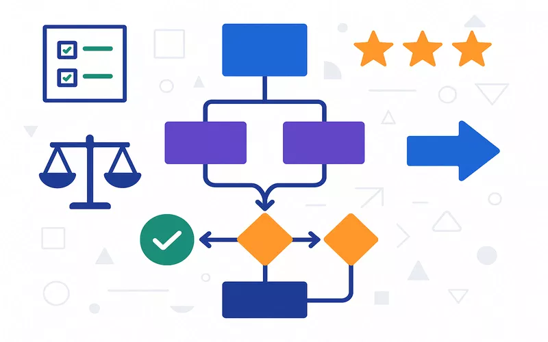 Professional business infographic showing decision-making flowchart with connected nodes, checkboxes, rating stars, and strategic pathways