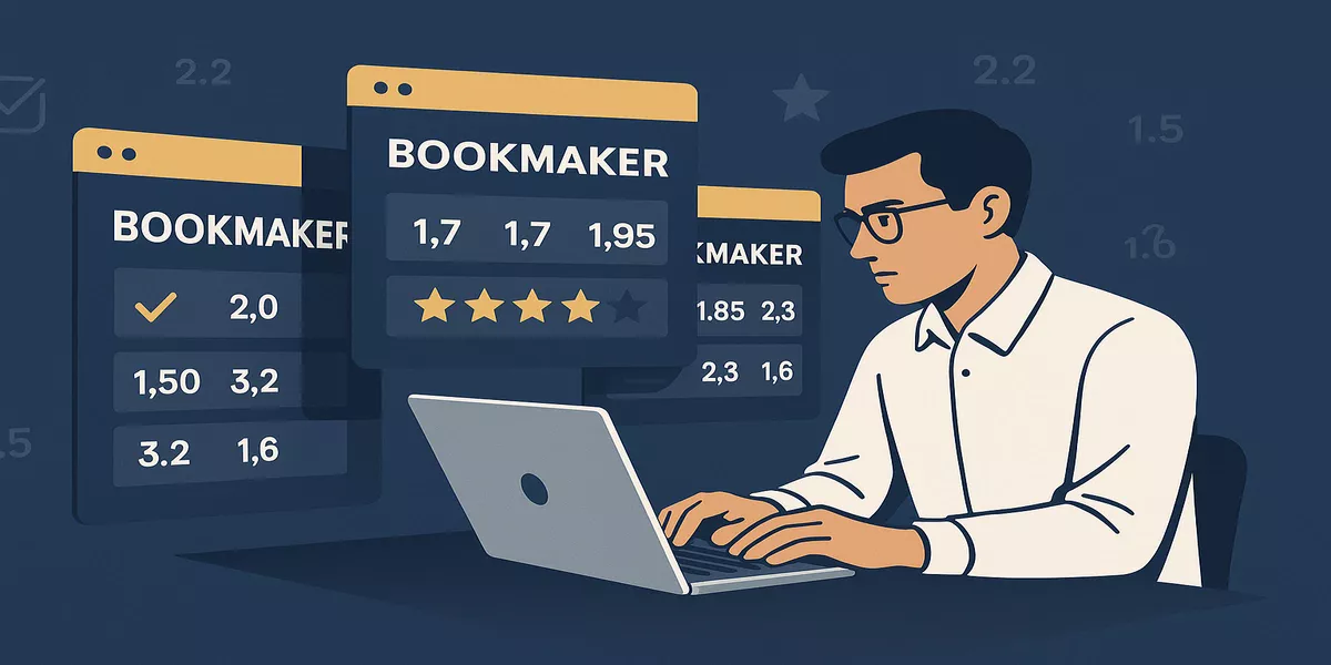 Professional illustration showing the decision-making process for choosing the best bookmaker with multiple comparison windows and analytical approach