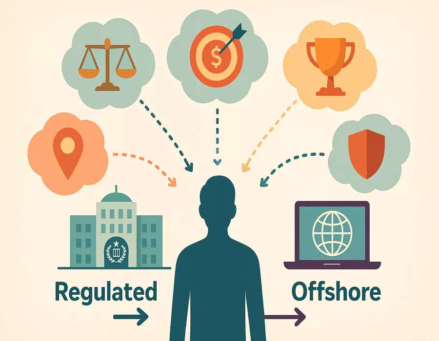 Decision-making flowchart showing key factors to consider when choosing between licensed and offshore bookmakers including risk tolerance, betting goals, and location