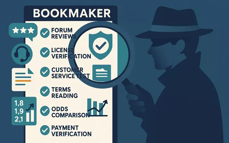 Systematic due diligence process illustration showing checklist for verifying bookmaker legitimacy including license verification, reviews, customer service testing and payment verification