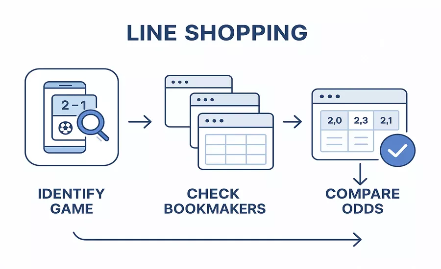 Step-by-step workflow illustration showing the line shopping process from identifying games to comparing bookmakers and selecting best odds