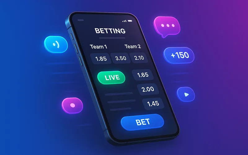Sleek smartphone displaying modern betting app interface with live odds, floating UI elements, and interactive features on gradient background
