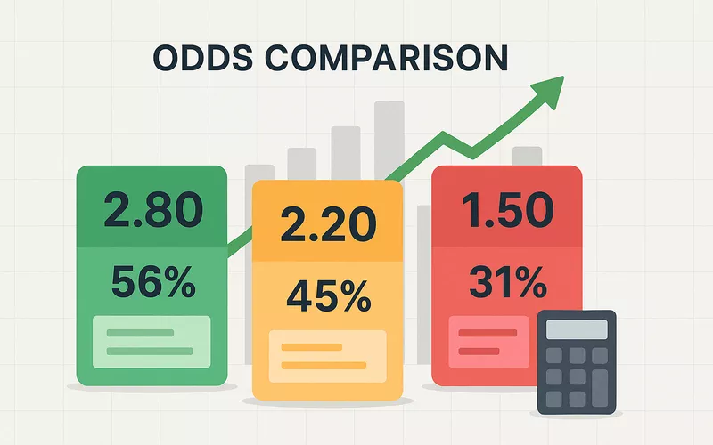 Infographic showing bookmaker odds comparison with color-coded betting slips, bar charts displaying margin differences