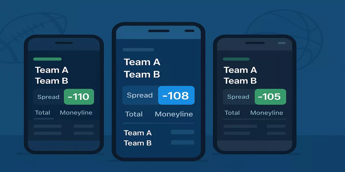 Sports betting odds comparison showing multiple bookmaker apps with different odds for line shopping