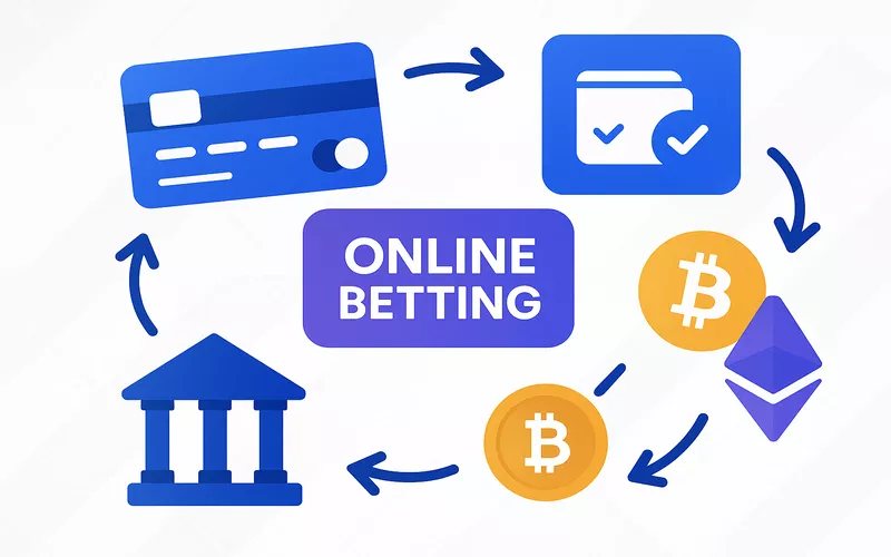 Modern illustration of diverse payment methods including credit cards, e-wallets, cryptocurrency symbols, and bank transfers with transaction arrows