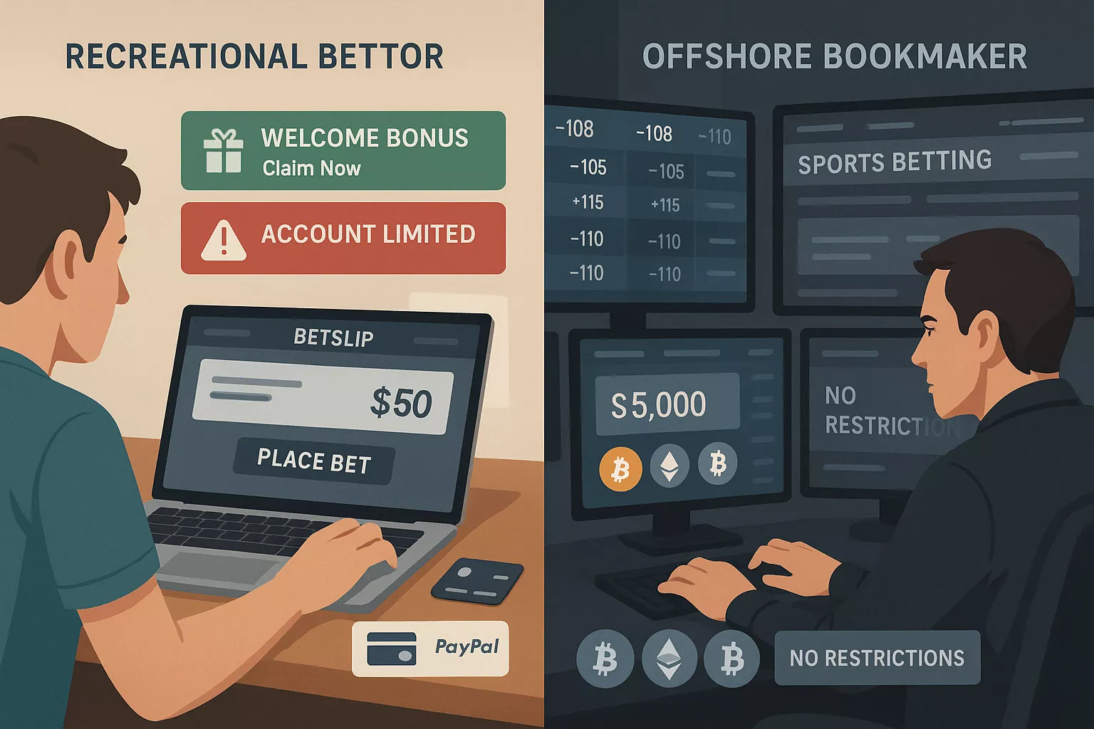 Side-by-side comparison showing recreational bettor experience with regulated bookmaker versus professional bettor at offshore bookmaker with different betting limits and restrictions