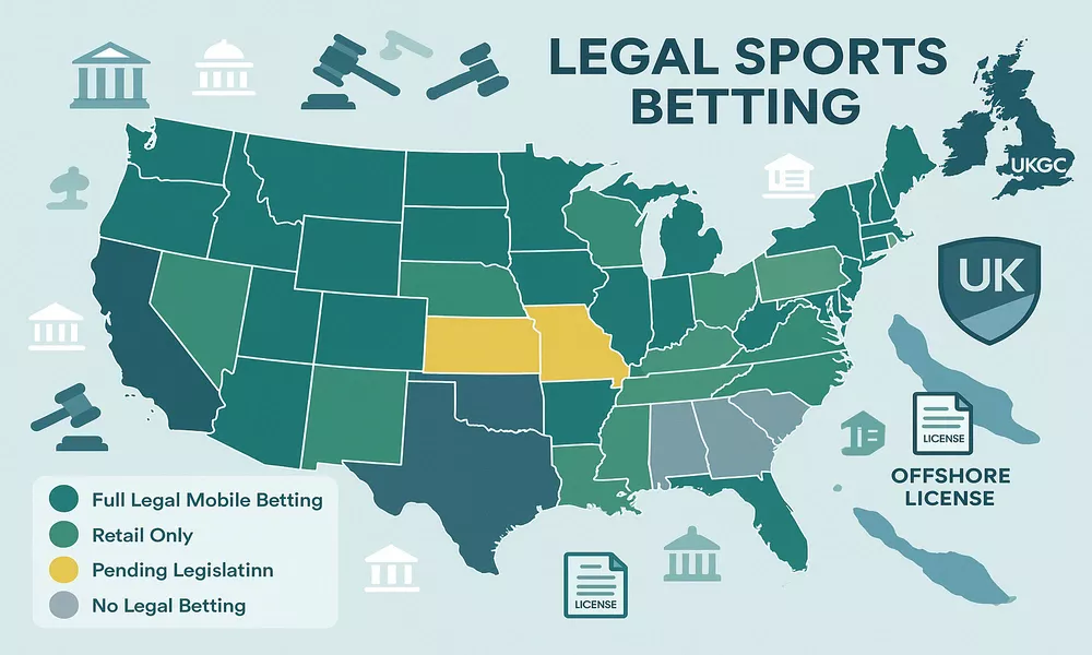 Map showing sports betting legal status across different US states with color-coded regions for mobile betting, retail betting, and prohibited states