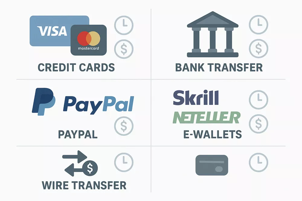 Overview of traditional payment methods including credit cards, bank transfers, PayPal and e-wallets for bookmaker deposits and withdrawals