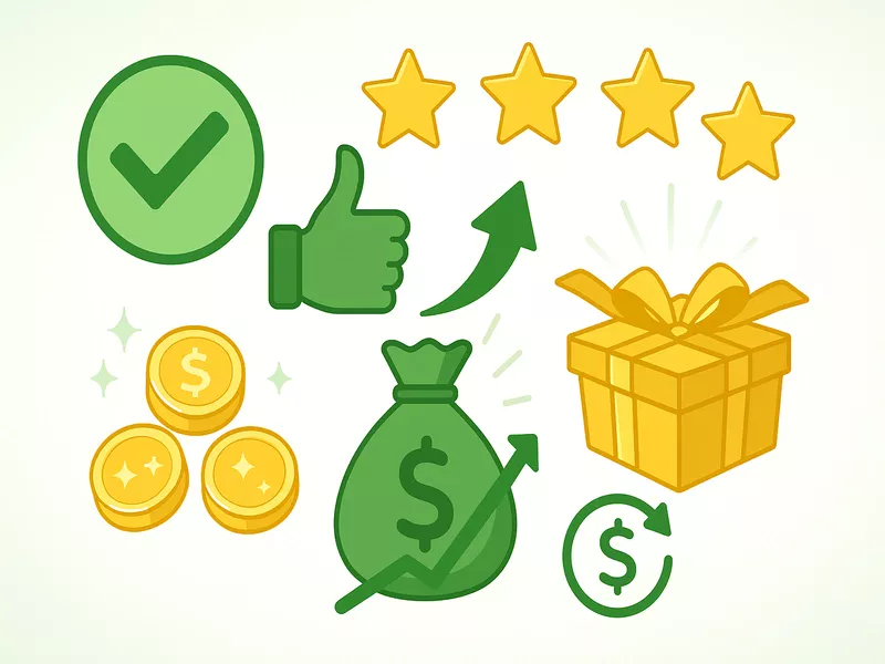 Positive illustration with checkmarks and stars showing valuable bonus offers worth accepting