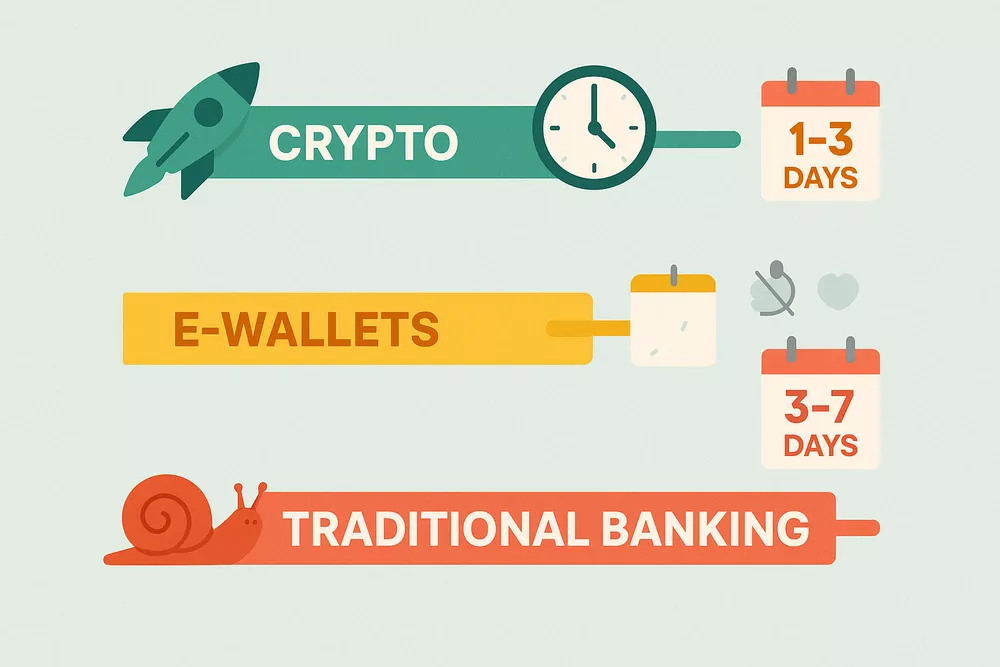 Timeline comparison of withdrawal processing speeds between cryptocurrency, e-wallets and traditional banking methods at bookmakers
